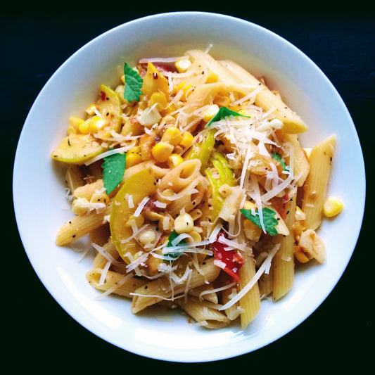 Pasta with Squash, Corn and Tomatoes